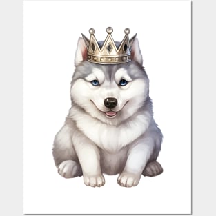 Watercolor Siberian Husky Dog Wearing a Crown Posters and Art